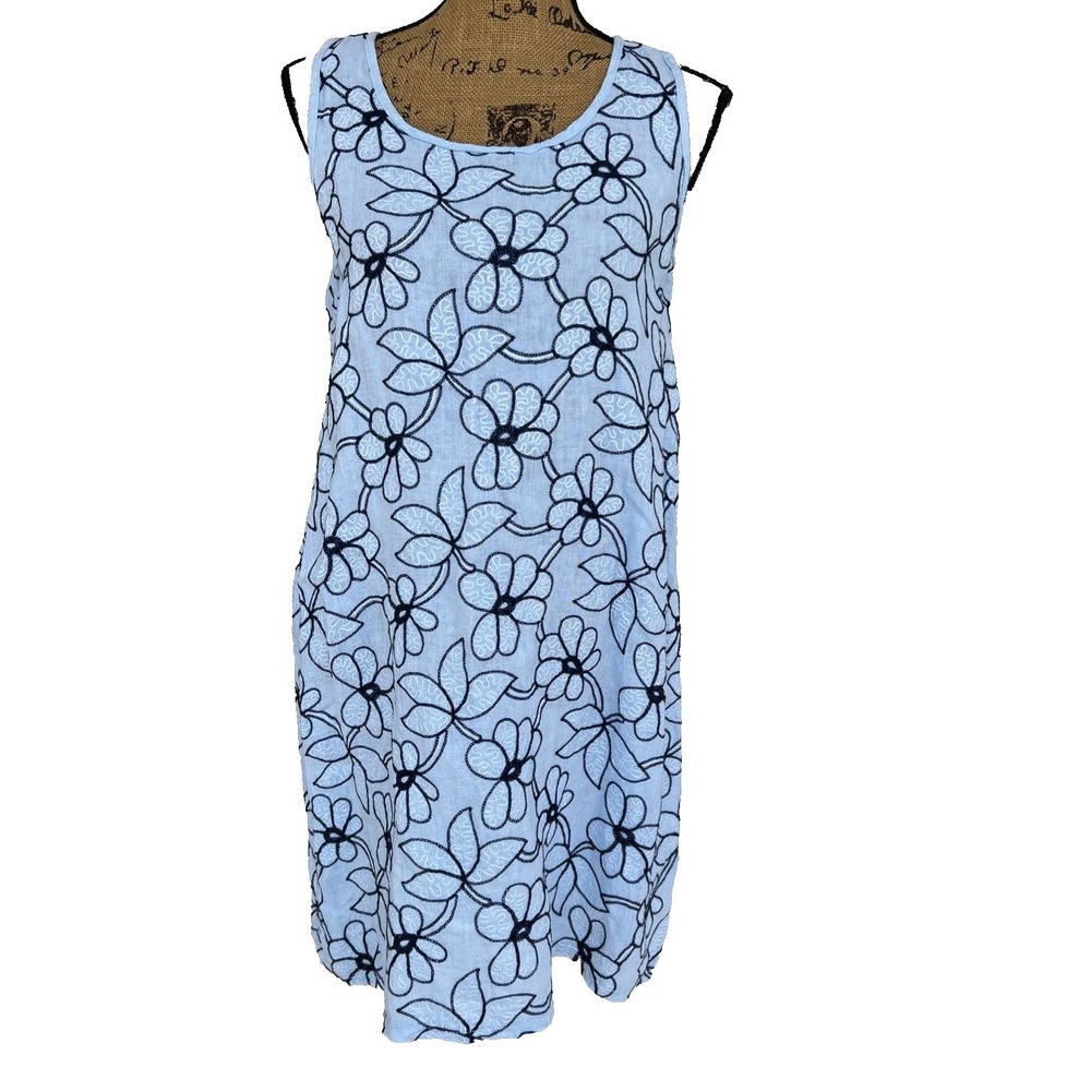 Vasna 100% Linen Sleeveless Shift Dress Blue Embroidered Lagenlook Boho S